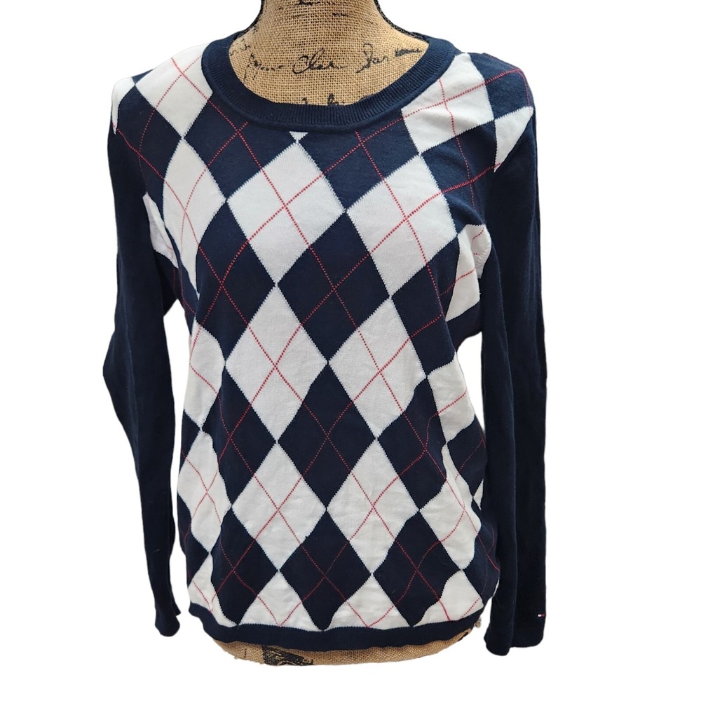 Vintage Tommy Hilfiger Argyle Sweater Womens M Cotton Jumper READ DESCRIPTION